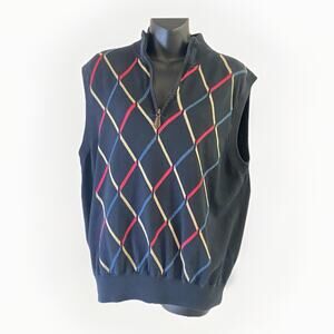 St Andrews Scotland Sweater Vest 1/4 Zip Black Argyle Mens XL Cotton Knit Golf